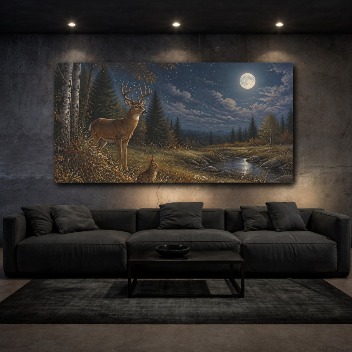 Mockup 3. Moonlit Deer And Rabbit shown as canvas print