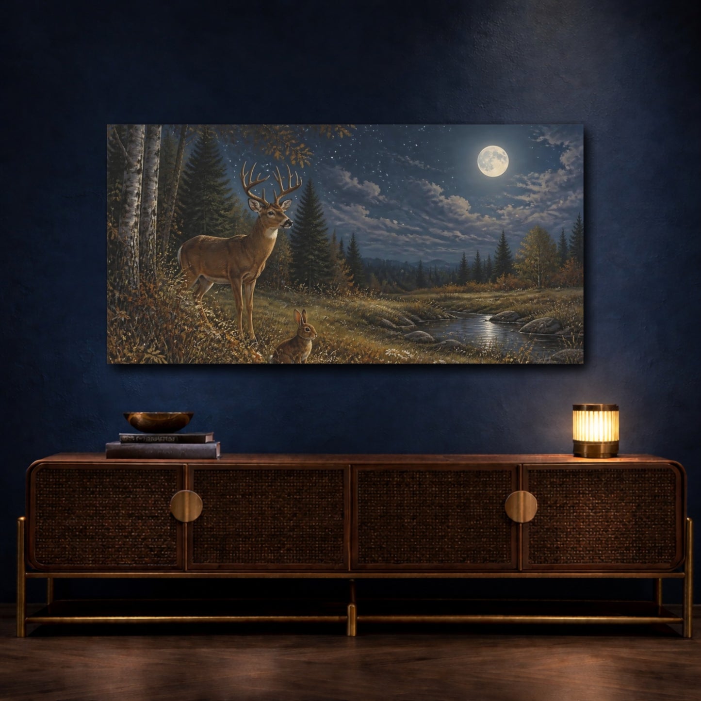 Mockup 4. Moonlit Deer And Rabbit shown as canvas print