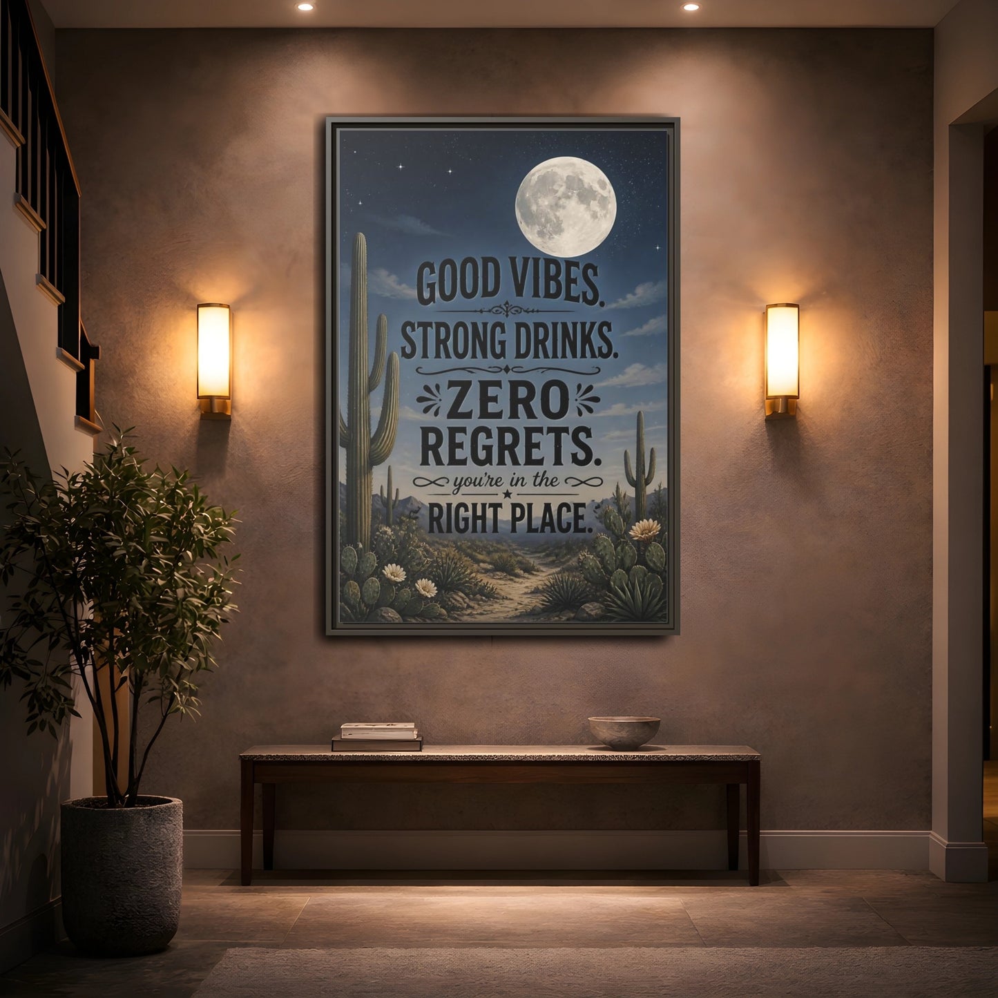 Mockup 2. Moonlit Desert Cactus shown as framed canvas print