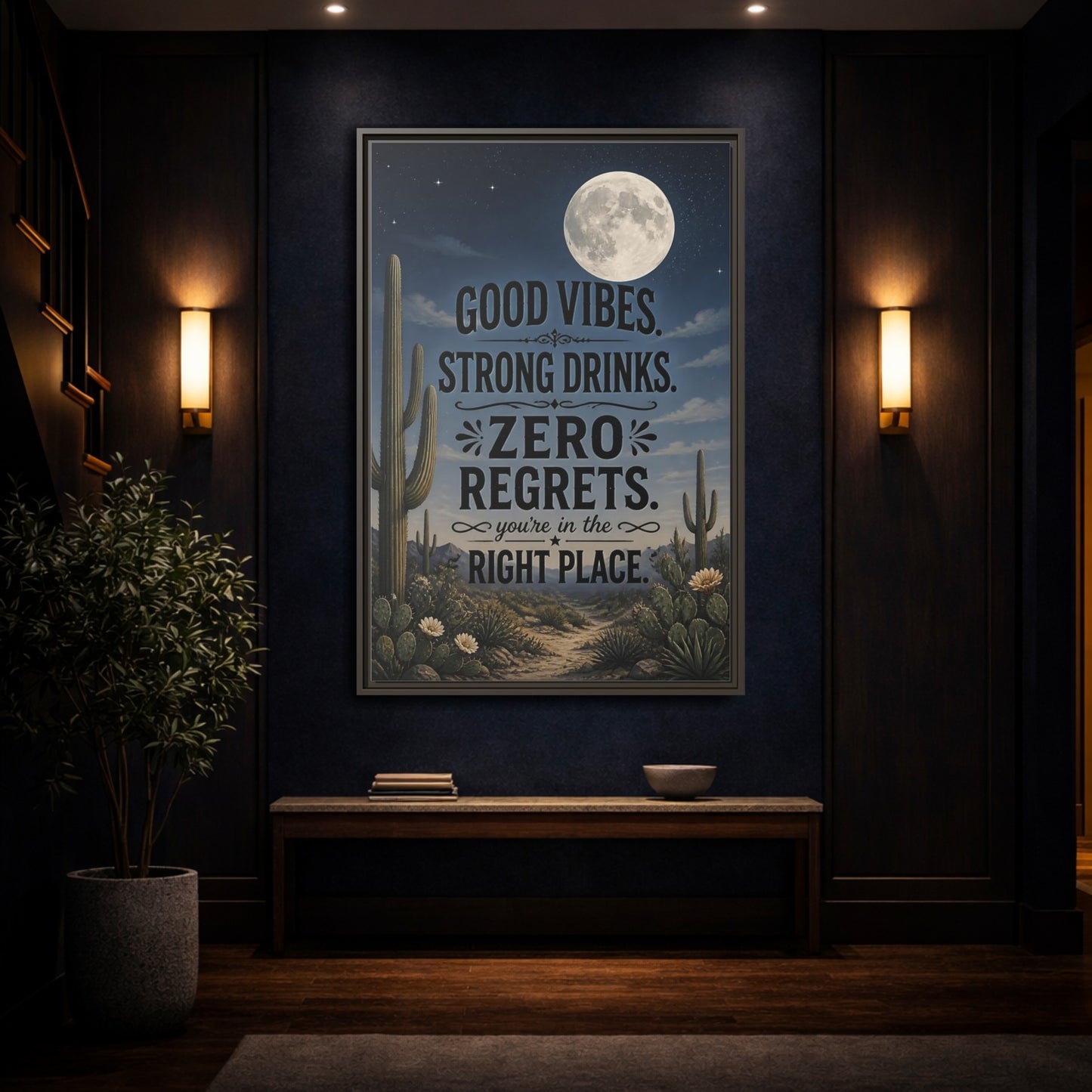 Mockup 4. Moonlit Desert Cactus shown as framed canvas print