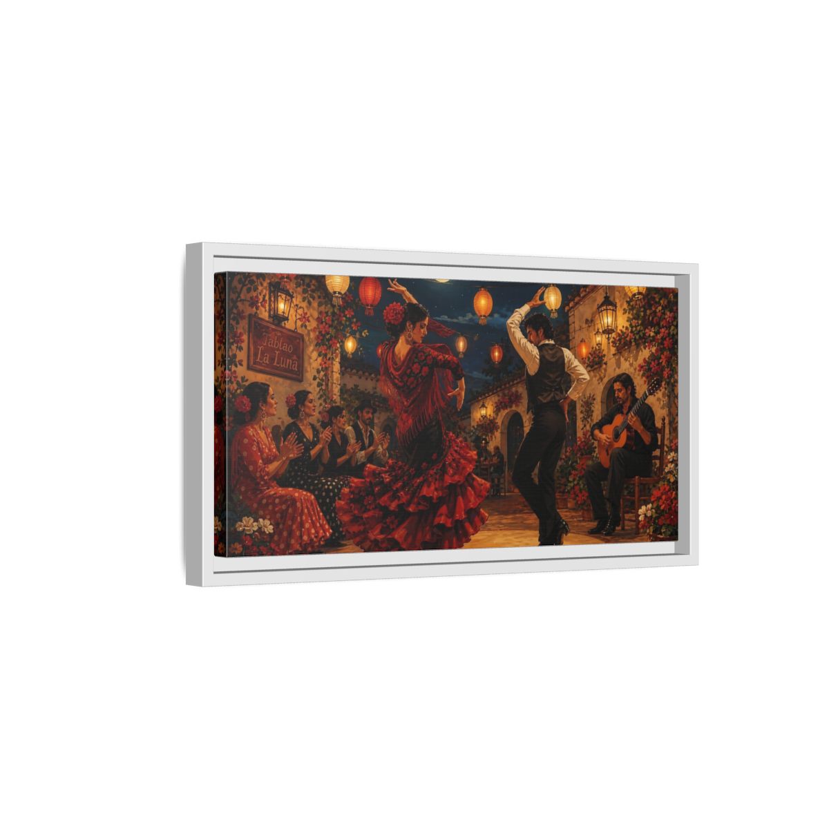 Side Mockup 6. Moonlit Flamenco Night shown as framed canvas print