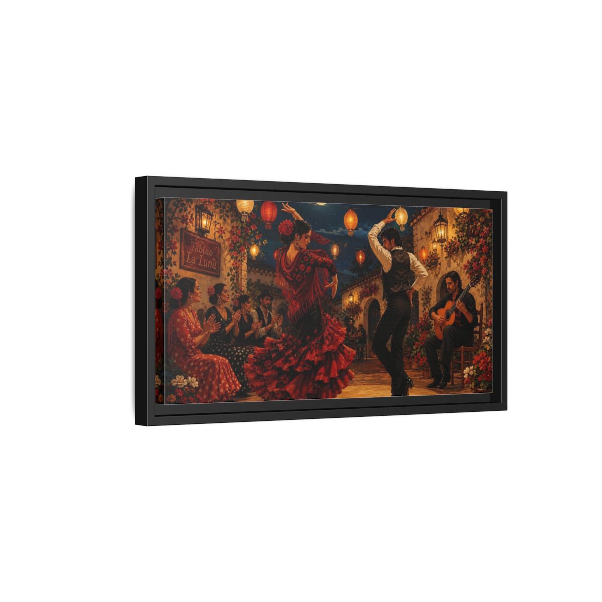 Side Mockup 8. Moonlit Flamenco Night shown as framed canvas print