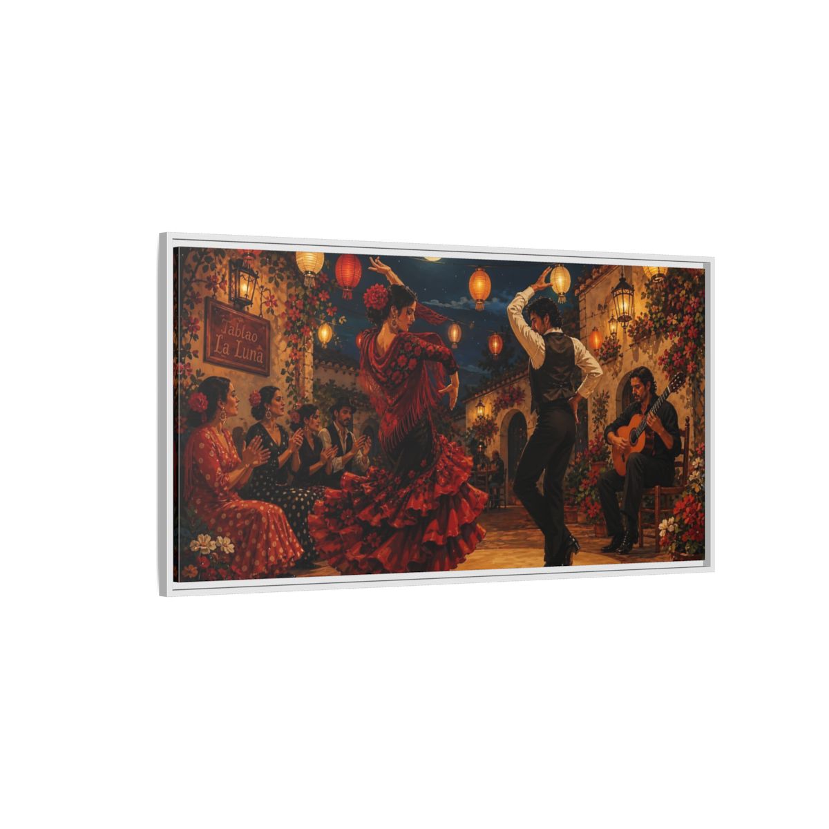 Side Mockup 3. Moonlit Flamenco Night shown as framed canvas print