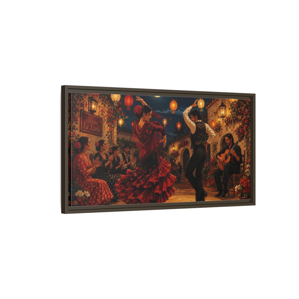 Main Mockup. Moonlit Flamenco Night shown as framed canvas print