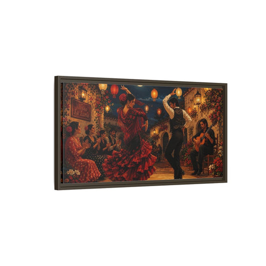 Main Mockup. Moonlit Flamenco Night shown as framed canvas print