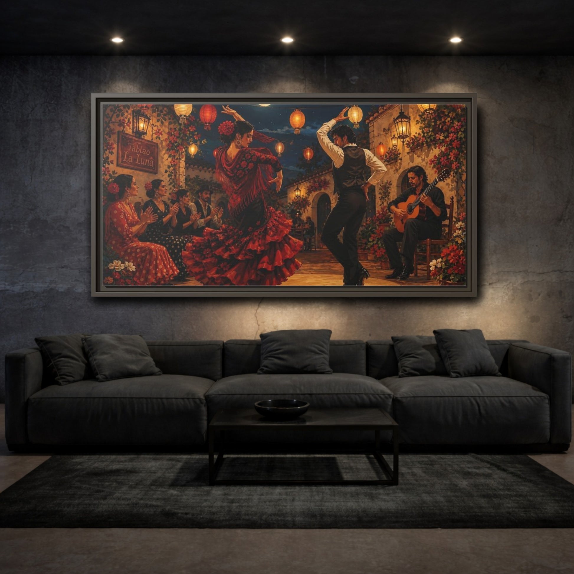 Mockup 3. Moonlit Flamenco Night shown as framed canvas print
