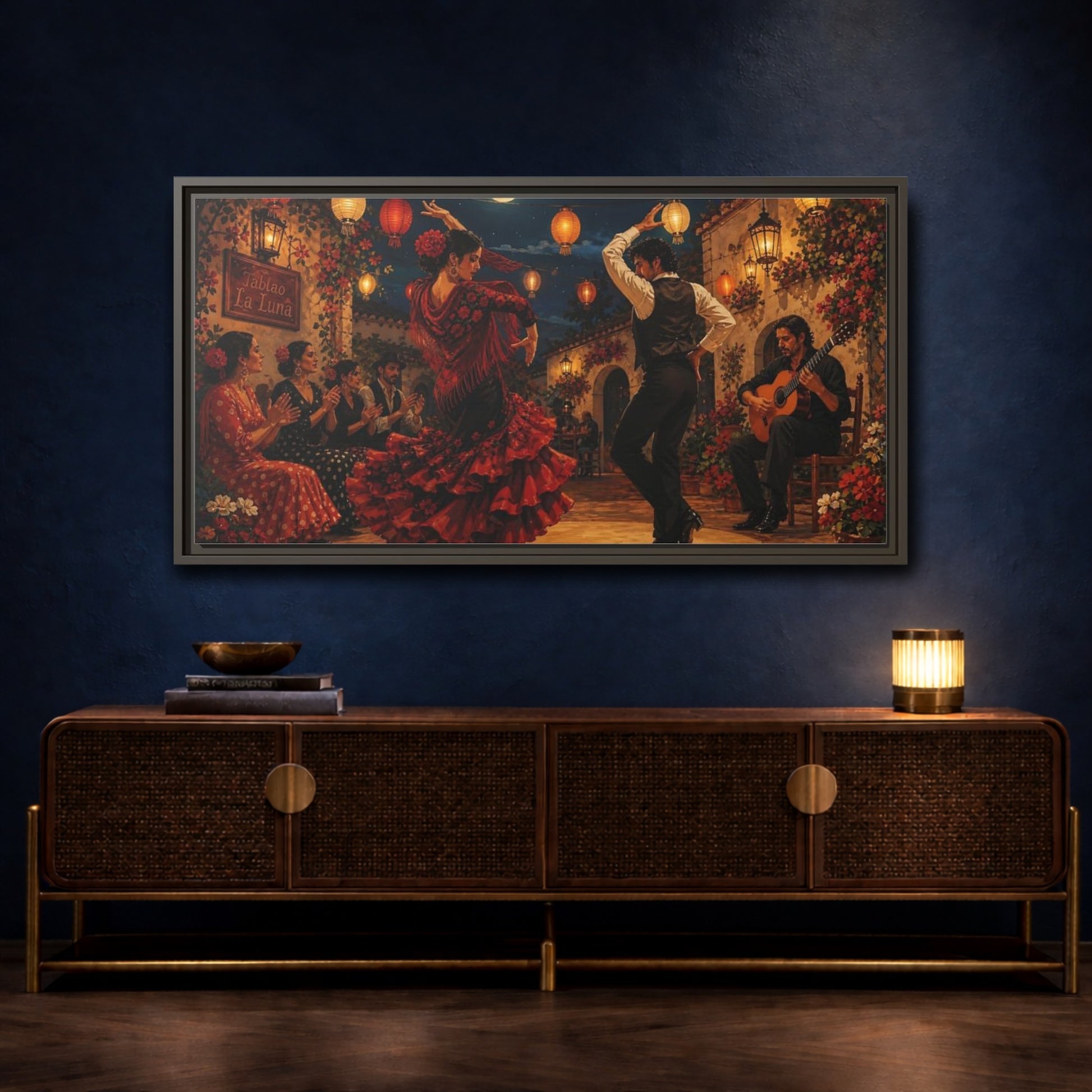 Mockup 4. Moonlit Flamenco Night shown as framed canvas print