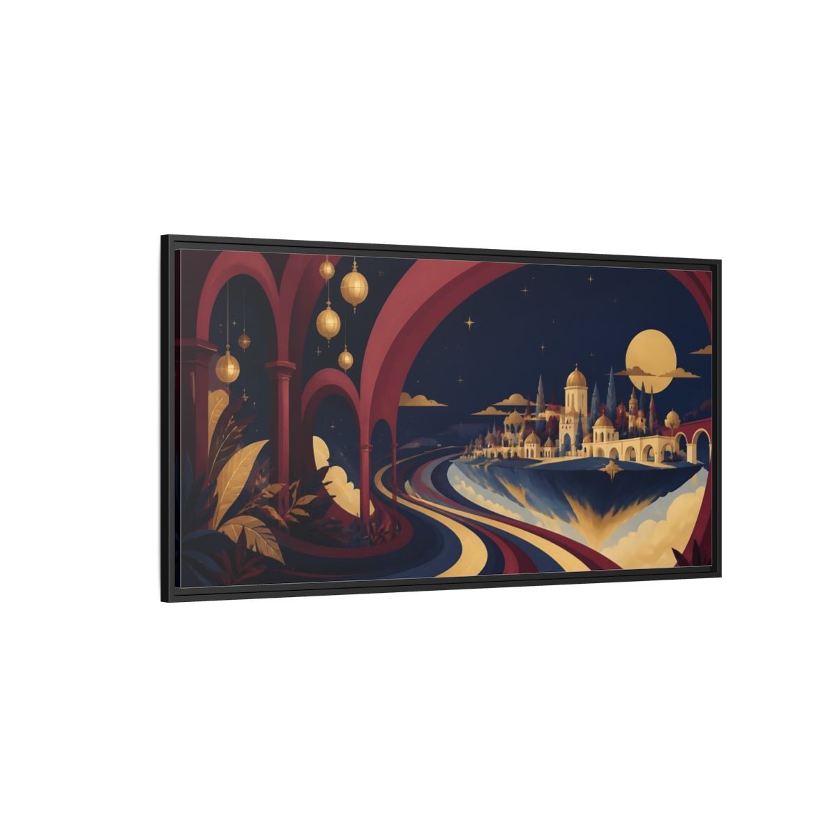 Side Mockup 5. Moonlit Floating City shown as framed canvas print