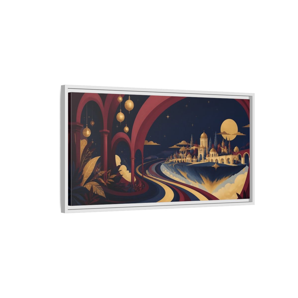 Side Mockup 1. Moonlit Floating City shown as framed canvas print