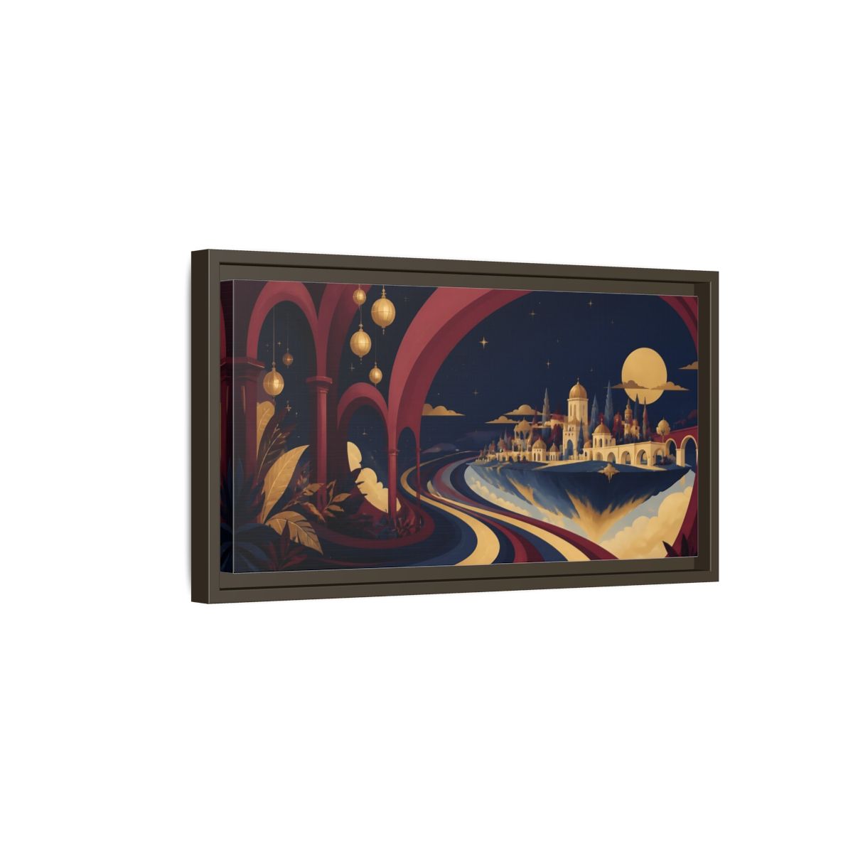 Side Mockup 7. Moonlit Floating City shown as framed canvas print