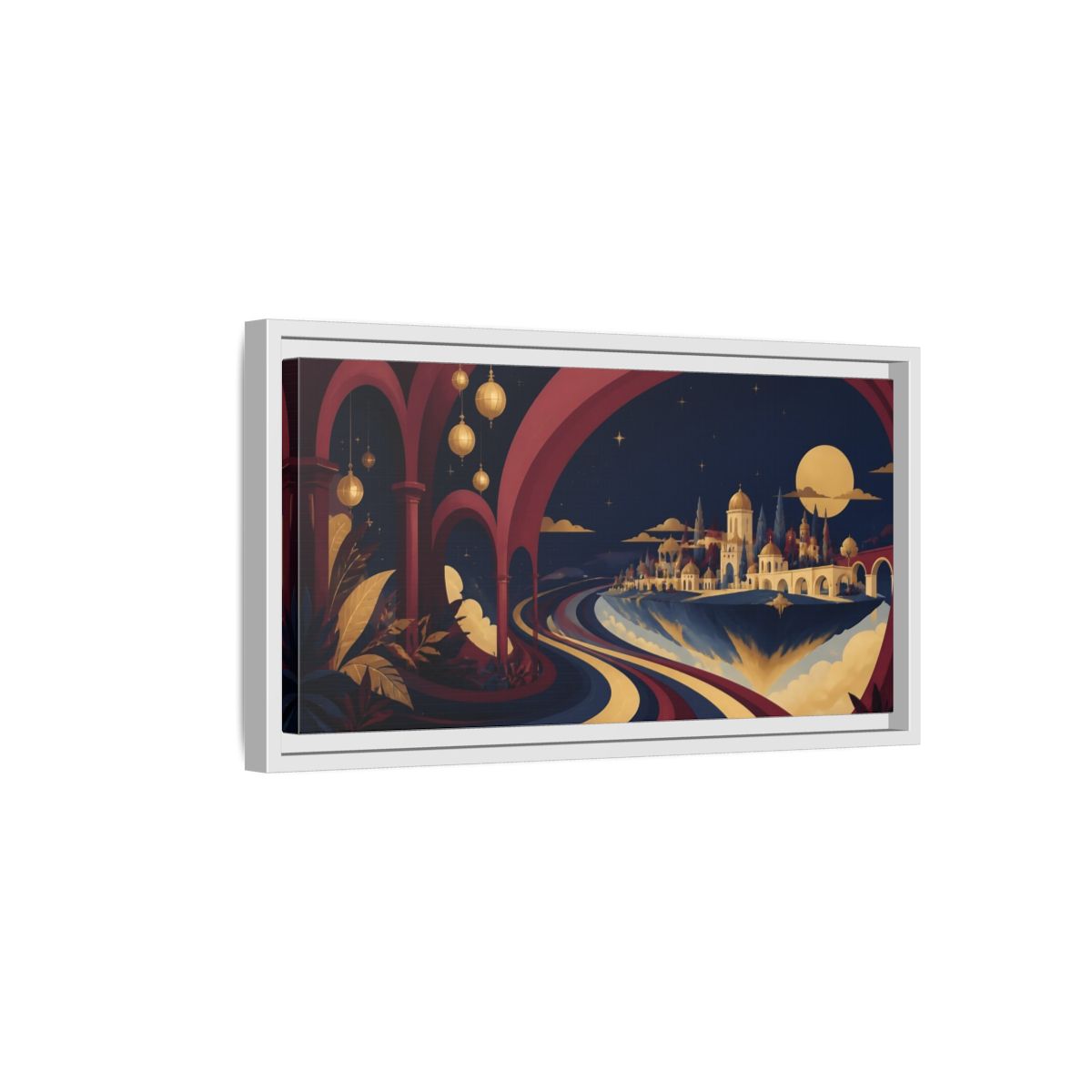 Side Mockup 6. Moonlit Floating City shown as framed canvas print