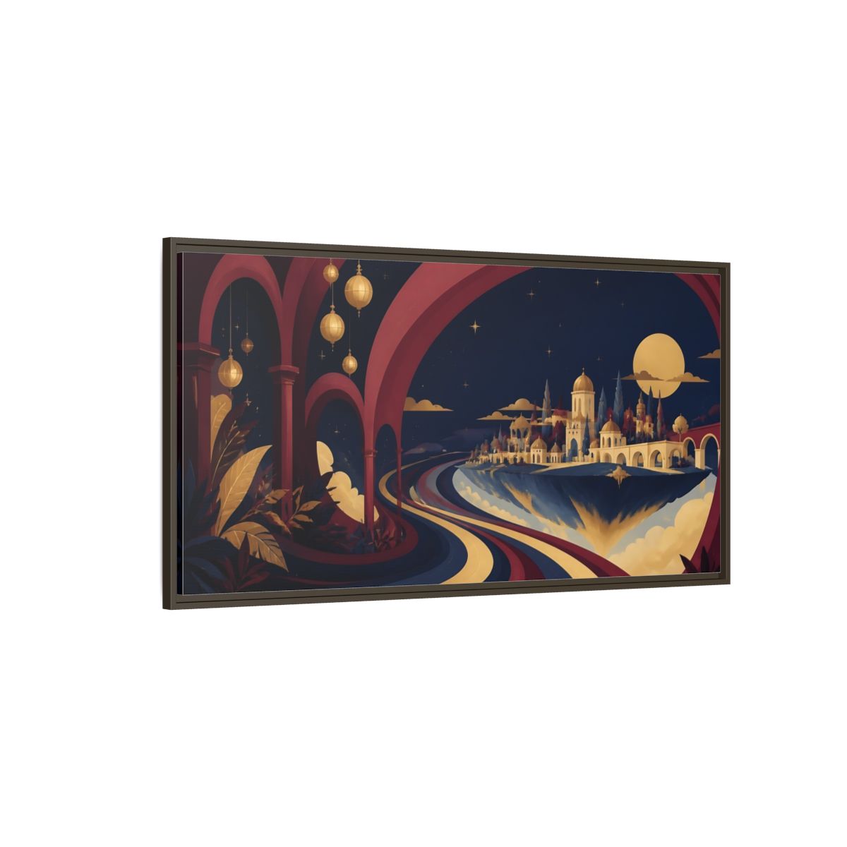 Side Mockup 4. Moonlit Floating City shown as framed canvas print