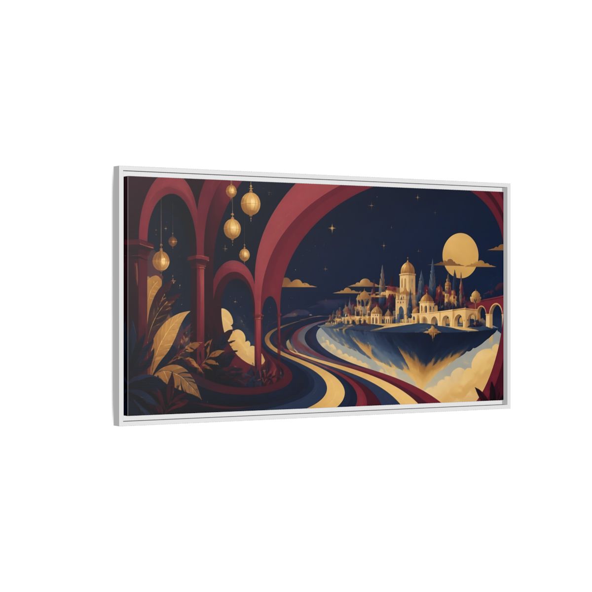Side Mockup 3. Moonlit Floating City shown as framed canvas print