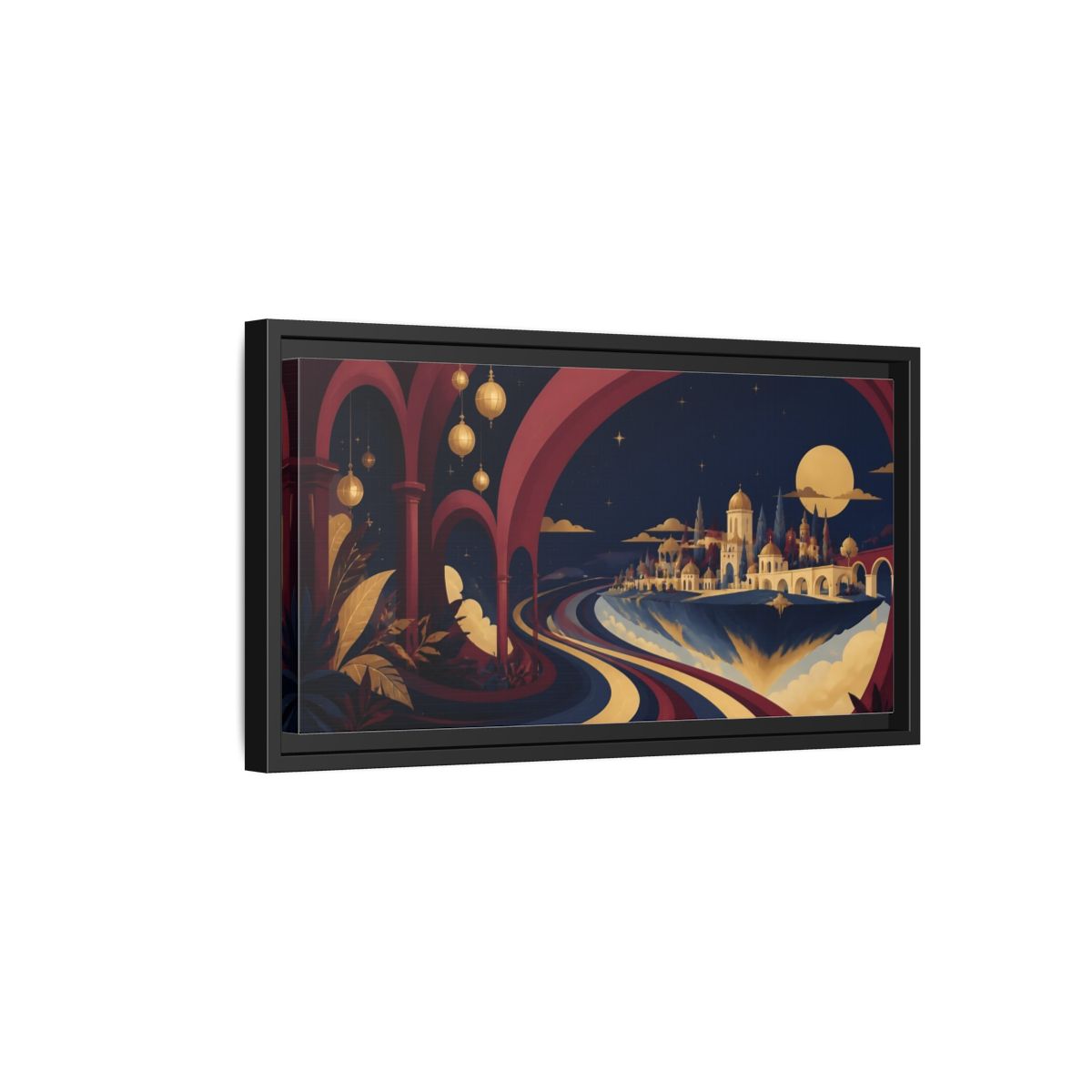 Side Mockup 8. Moonlit Floating City shown as framed canvas print