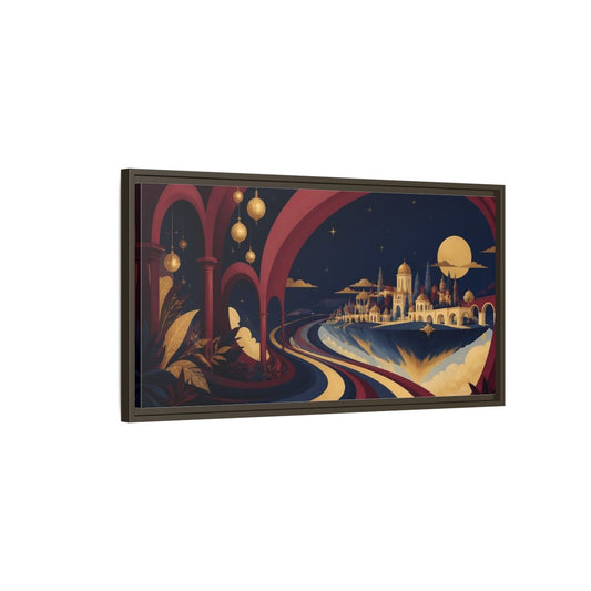 Main Mockup. Moonlit Floating City shown as framed canvas print