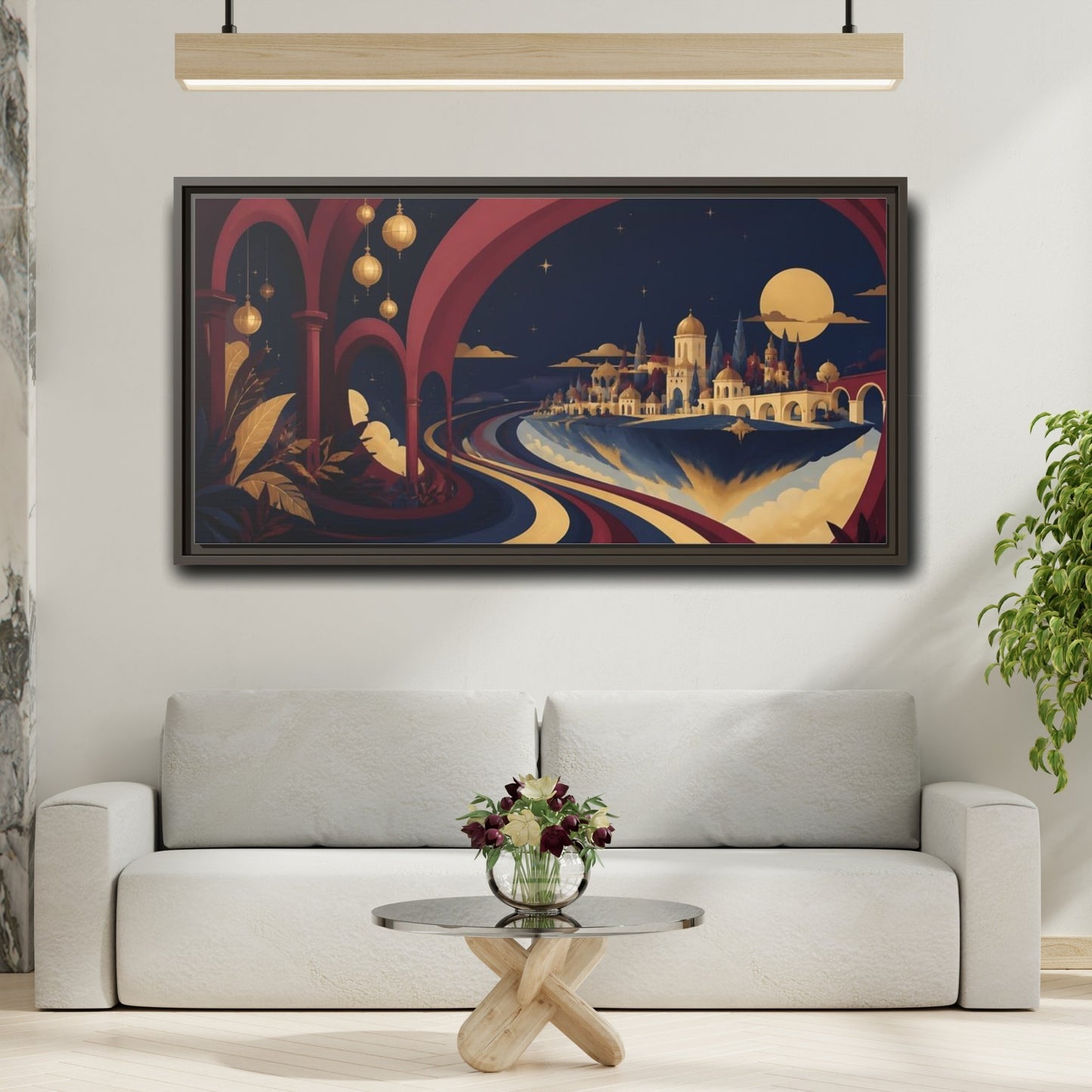 Mockup 2. Moonlit Floating City shown as framed canvas print