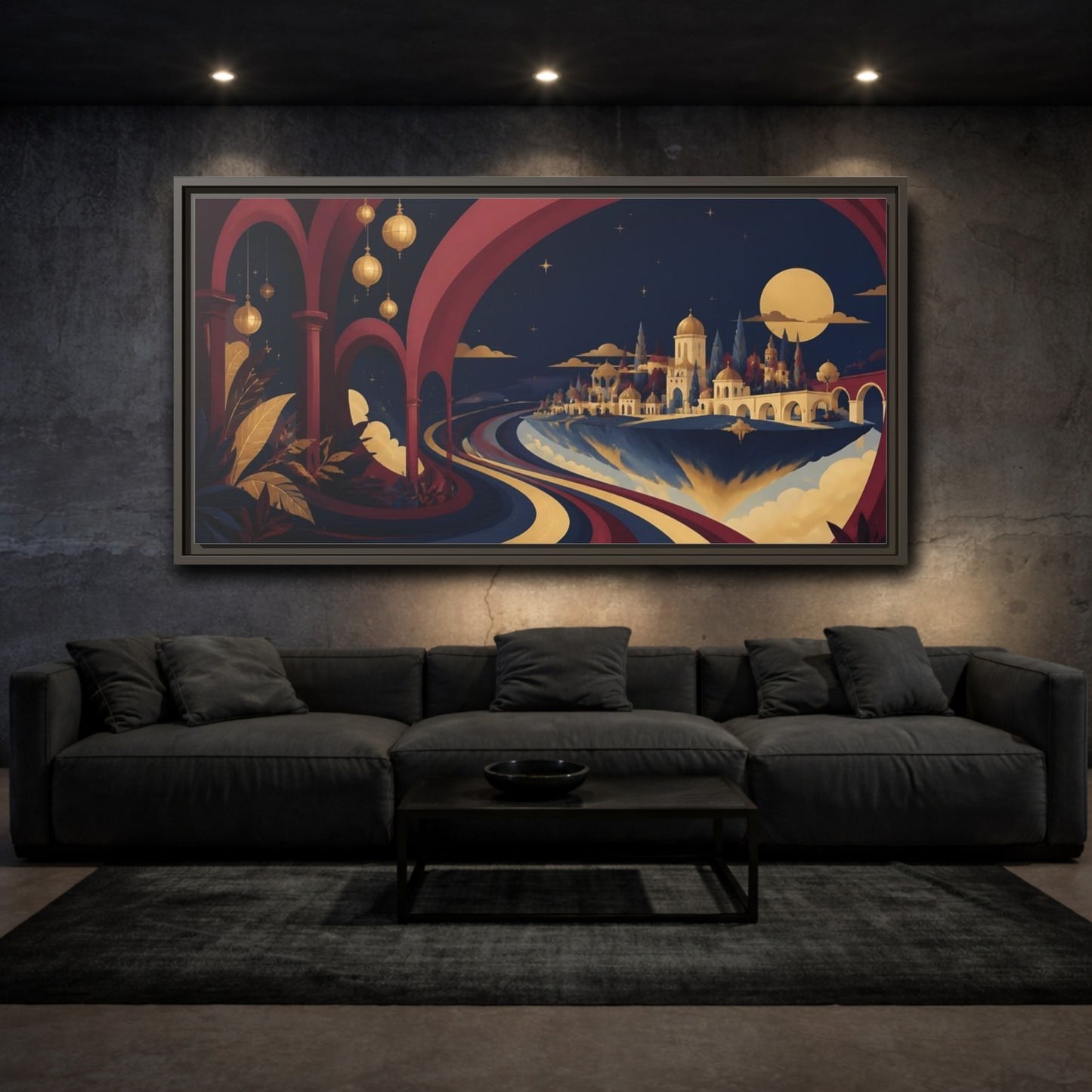 Mockup 3. Moonlit Floating City shown as framed canvas print