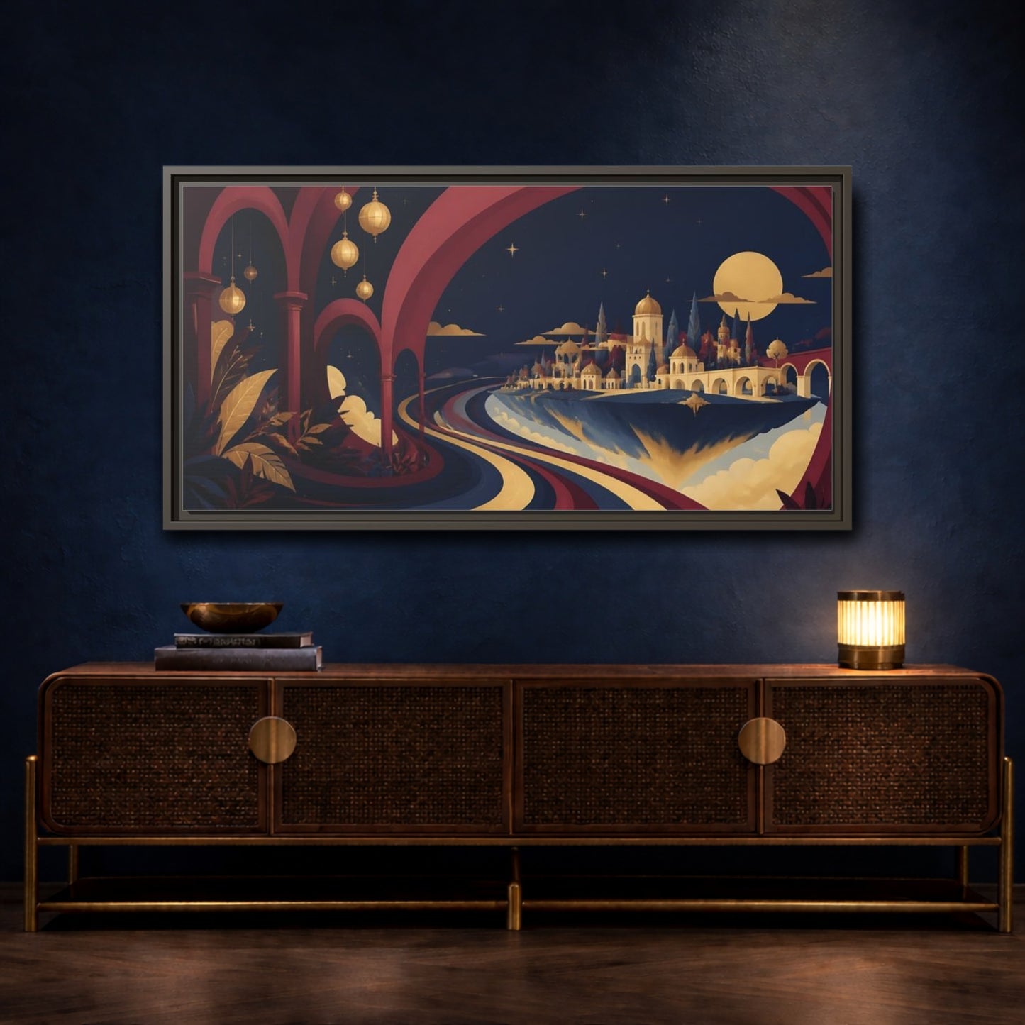 Mockup 4. Moonlit Floating City shown as framed canvas print