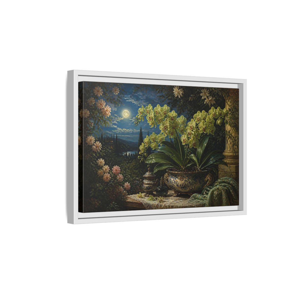 Side Mockup 4. Moonlit Floral Orchid shown as framed canvas print