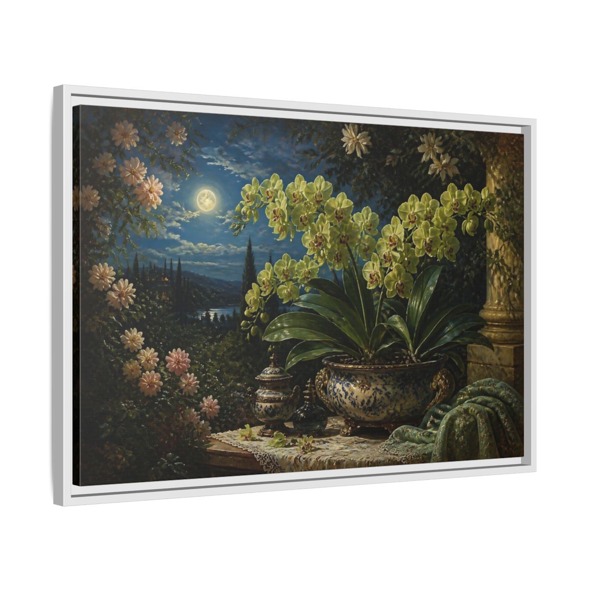 Side Mockup 10. Moonlit Floral Orchid shown as framed canvas print