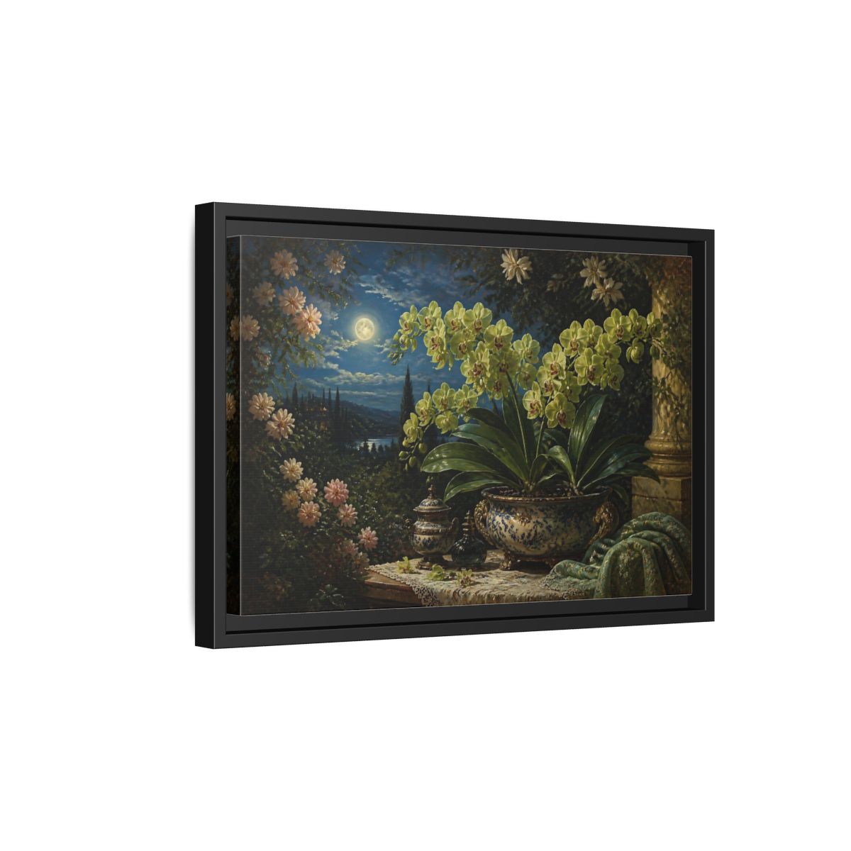 Side Mockup 6. Moonlit Floral Orchid shown as framed canvas print