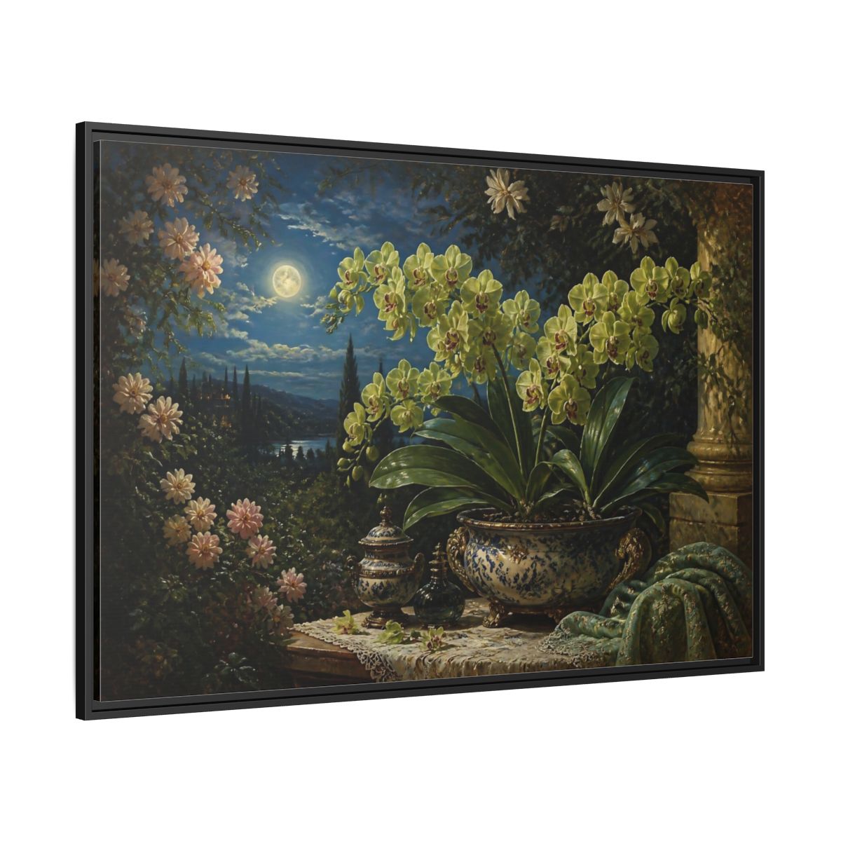 Side Mockup 12. Moonlit Floral Orchid shown as framed canvas print