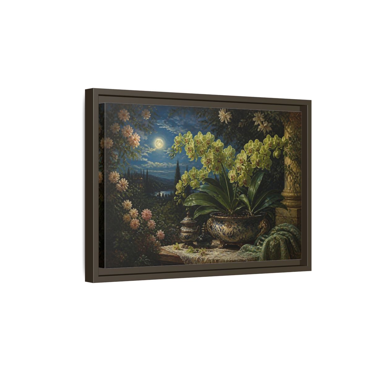 Side Mockup 5. Moonlit Floral Orchid shown as framed canvas print