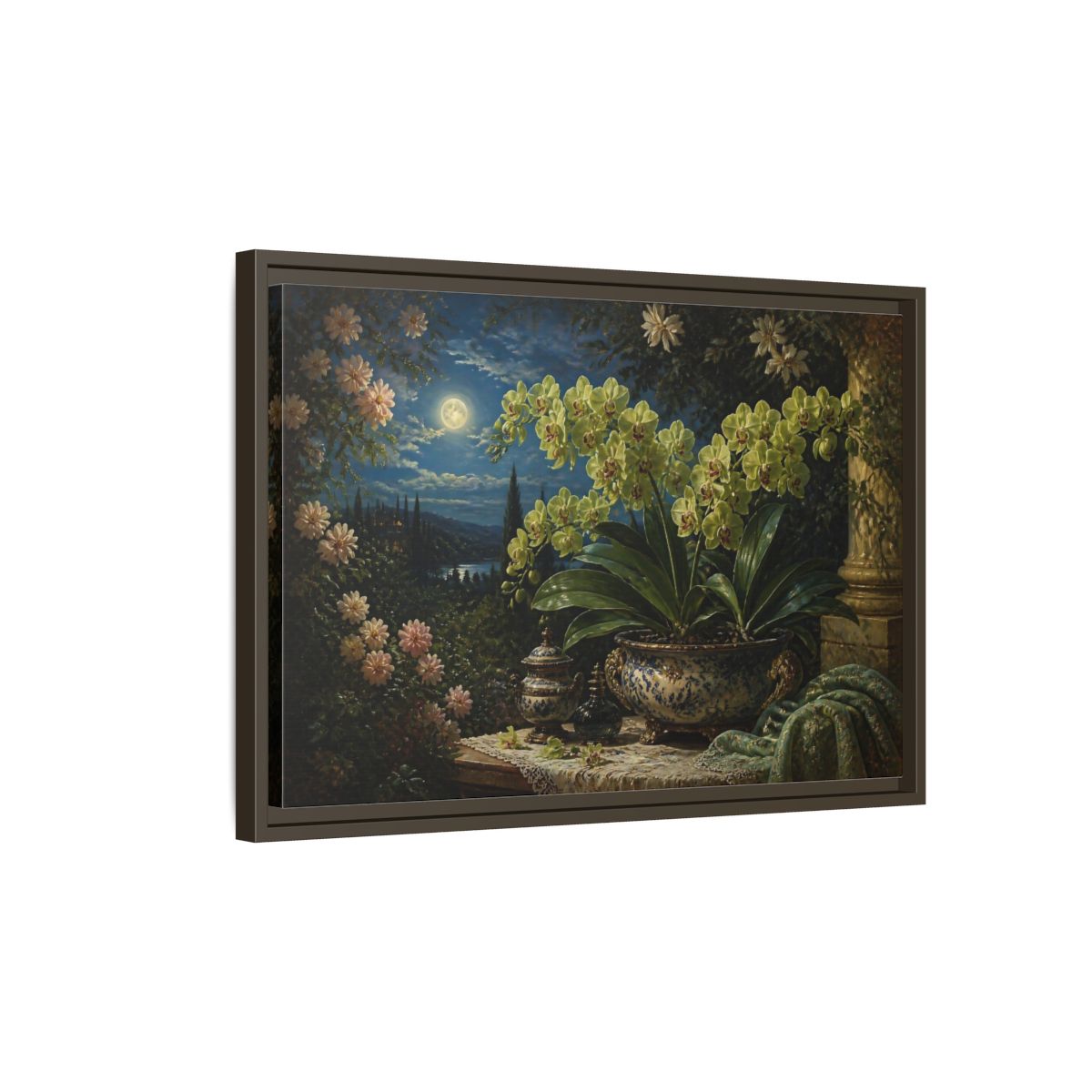 Side Mockup 2. Moonlit Floral Orchid shown as framed canvas print
