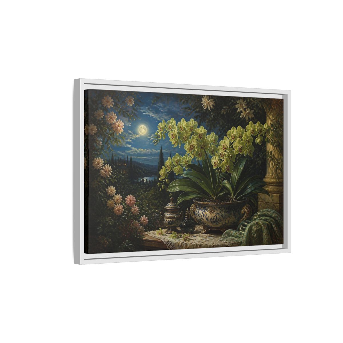 Side Mockup 1. Moonlit Floral Orchid shown as framed canvas print