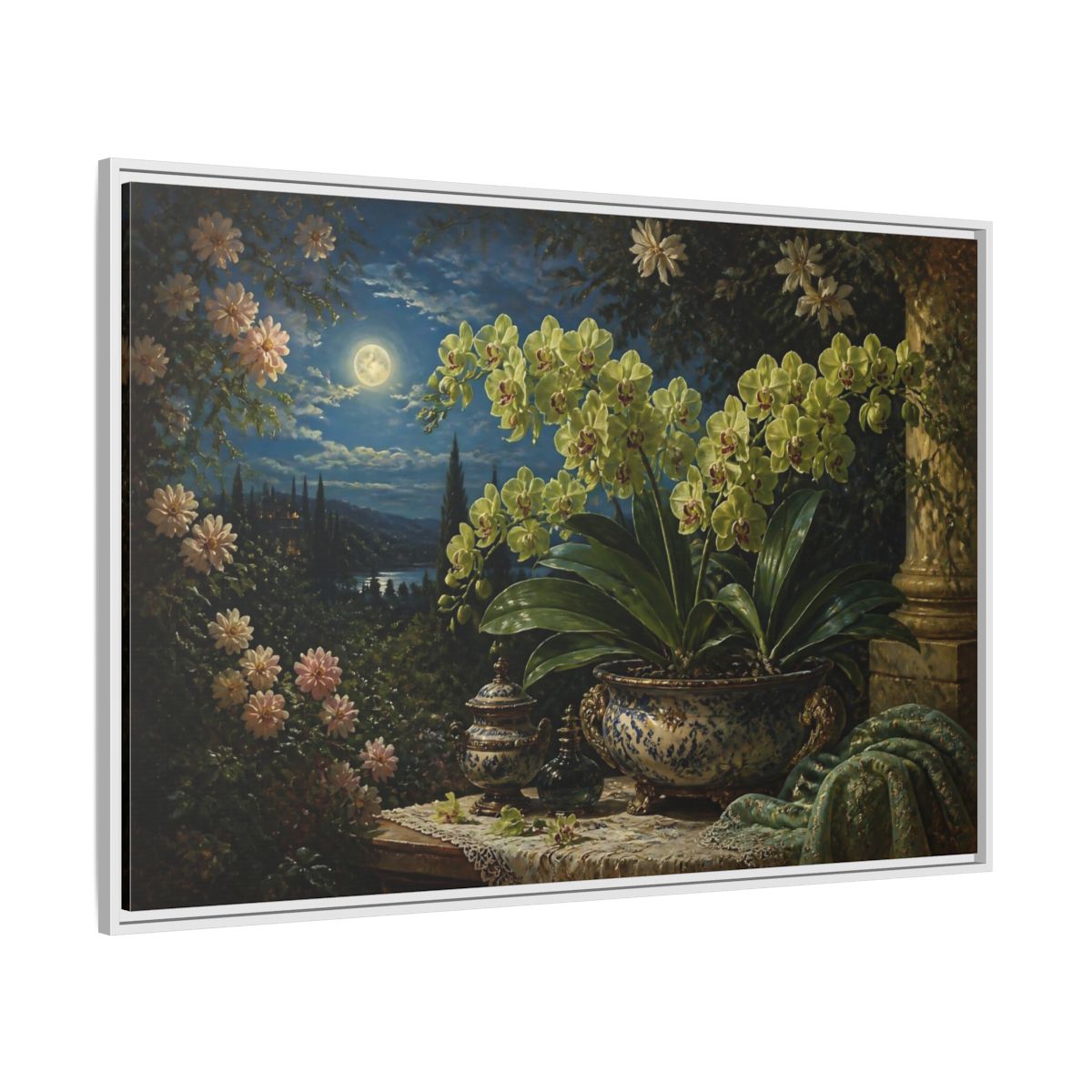 Side Mockup 7. Moonlit Floral Orchid shown as framed canvas print