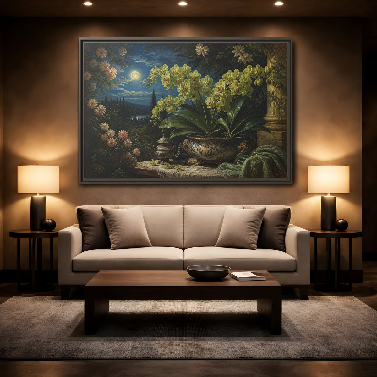 Mockup 2. Moonlit Floral Orchid shown as framed canvas print
