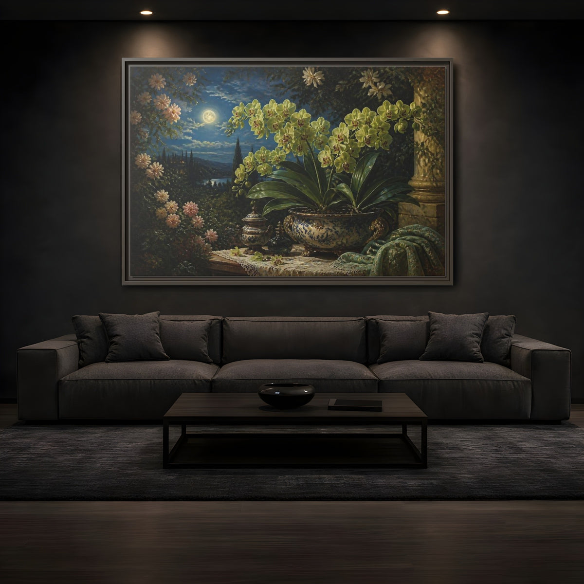 Mockup 3. Moonlit Floral Orchid shown as framed canvas print