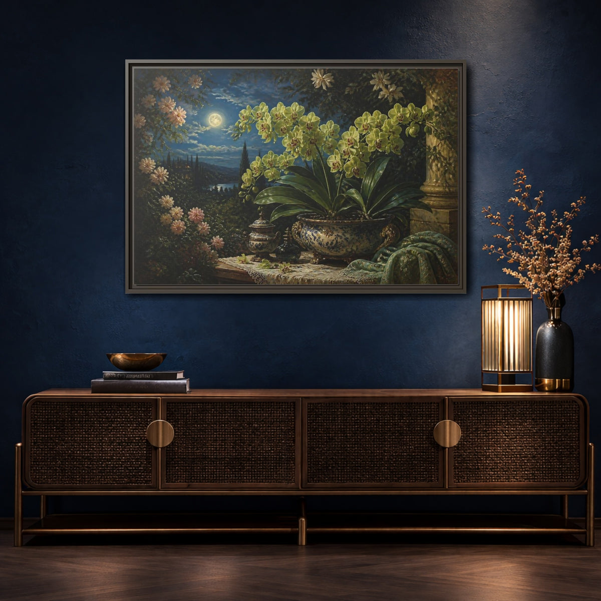 Mockup 4. Moonlit Floral Orchid shown as framed canvas print