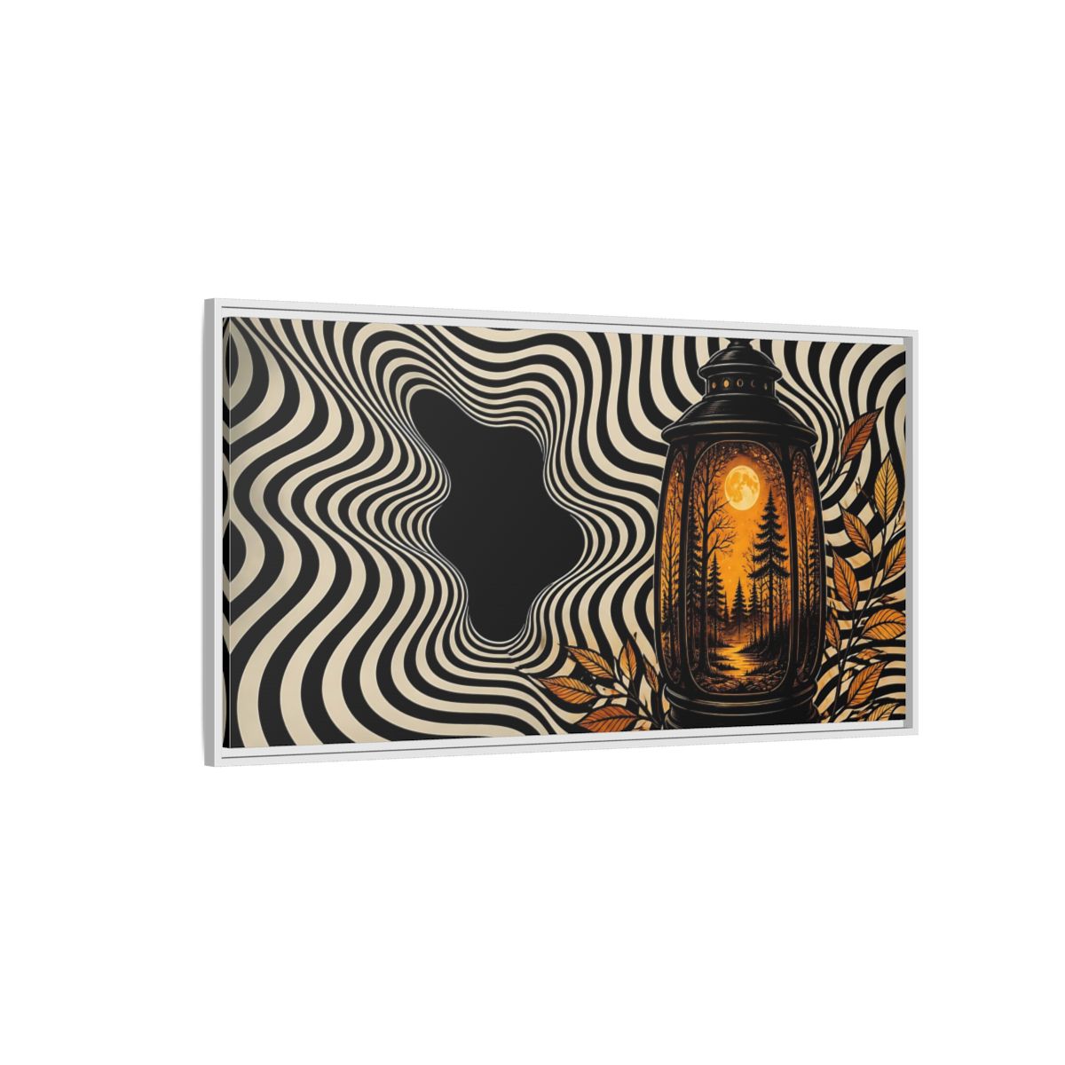 Side Mockup 3. Moonlit Forest Lantern shown as framed canvas print