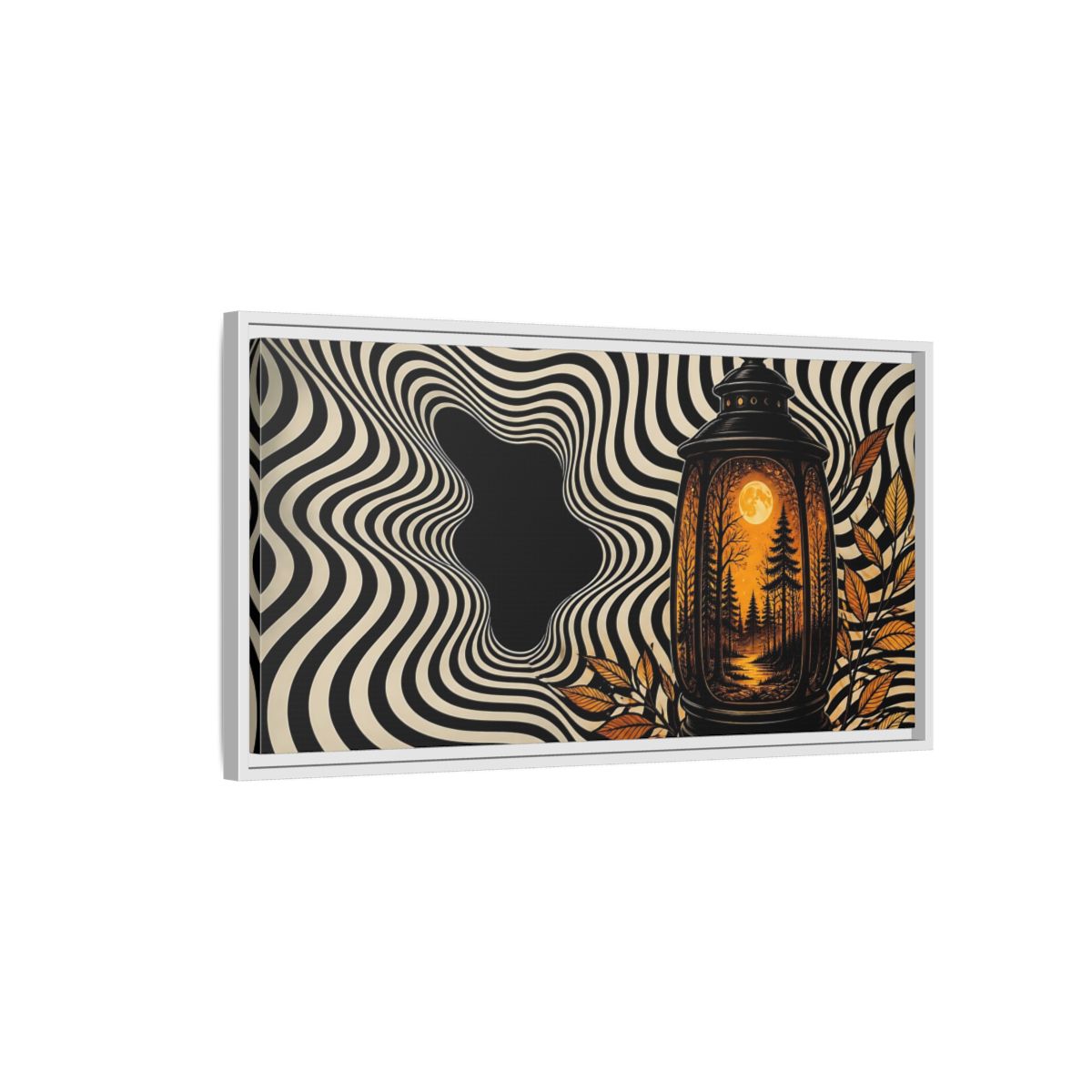 Side Mockup 1. Moonlit Forest Lantern shown as framed canvas print