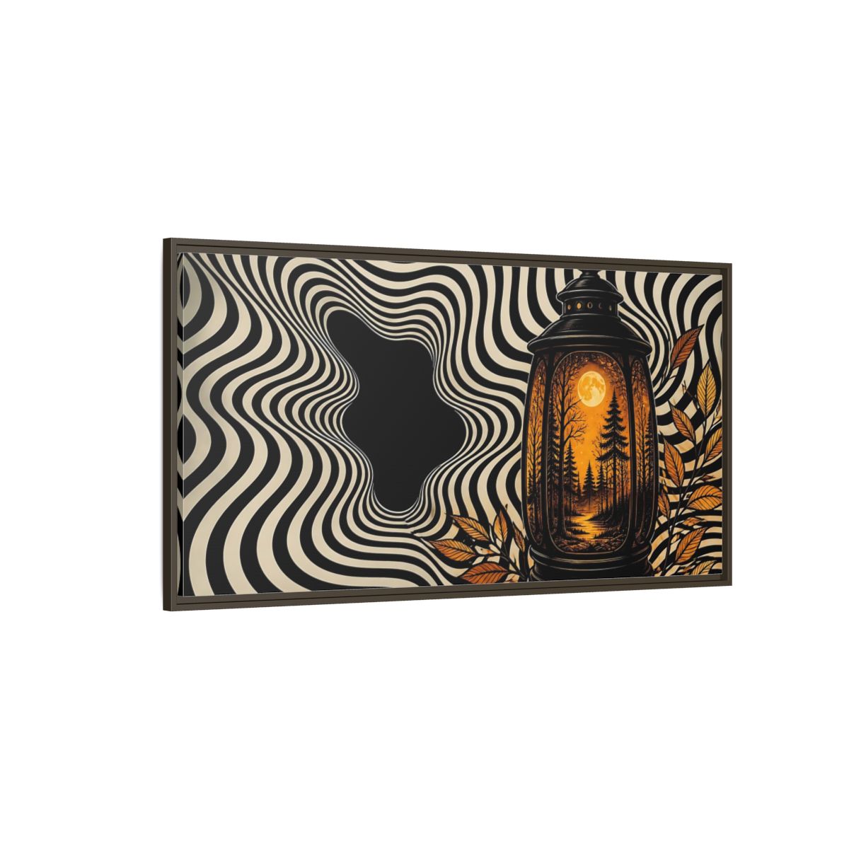 Side Mockup 4. Moonlit Forest Lantern shown as framed canvas print