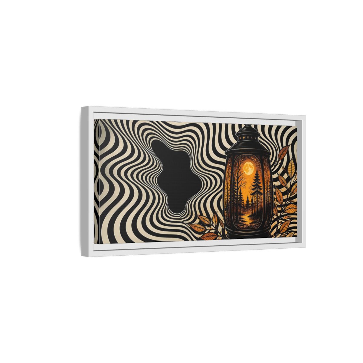 Side Mockup 6. Moonlit Forest Lantern shown as framed canvas print