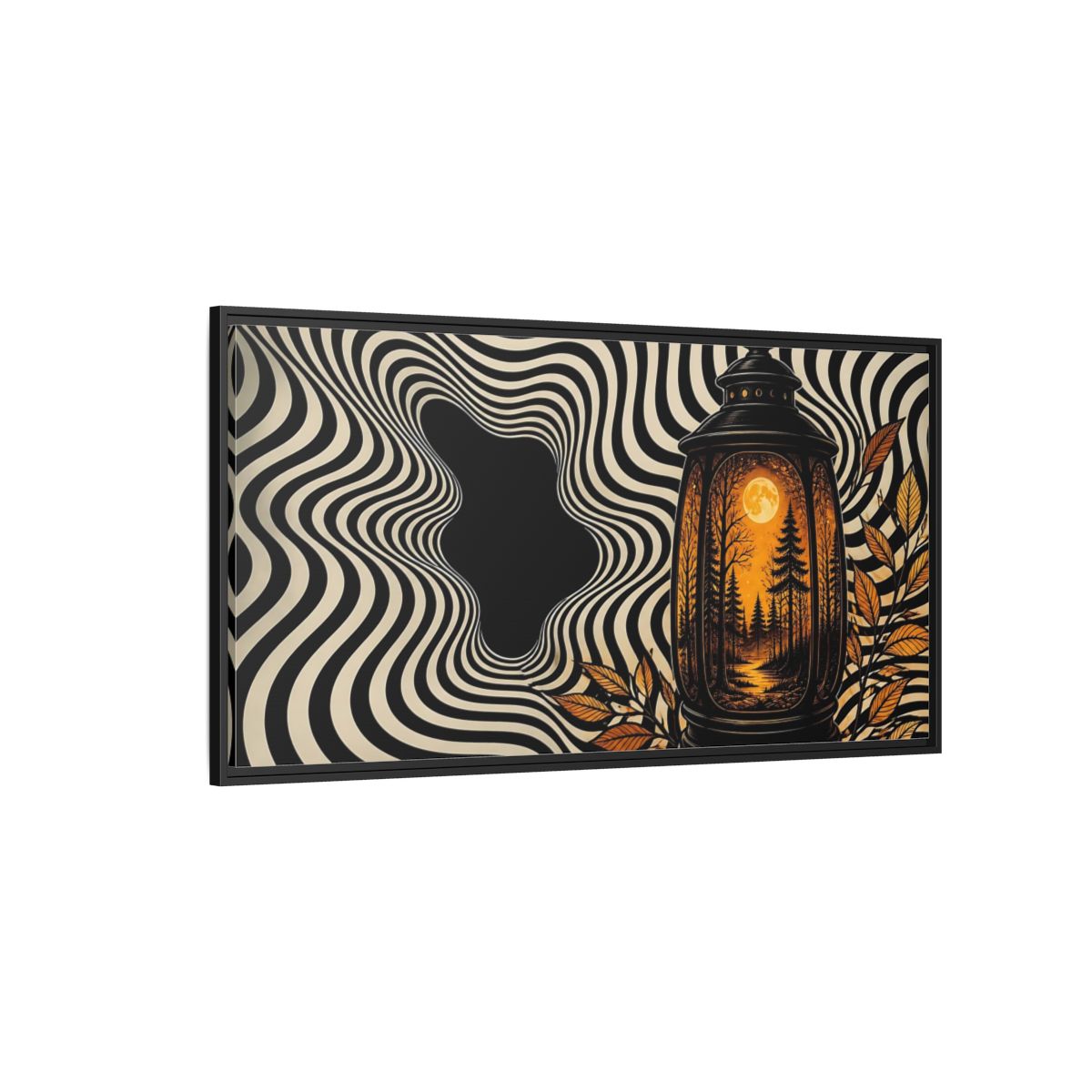 Side Mockup 5. Moonlit Forest Lantern shown as framed canvas print