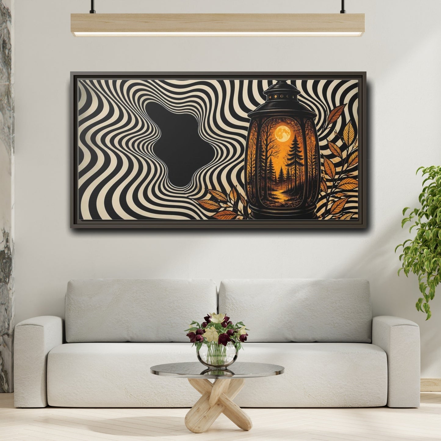 Mockup 2. Moonlit Forest Lantern shown as framed canvas print