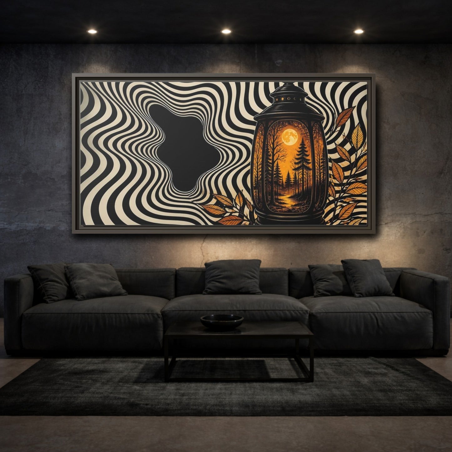 Mockup 3. Moonlit Forest Lantern shown as framed canvas print