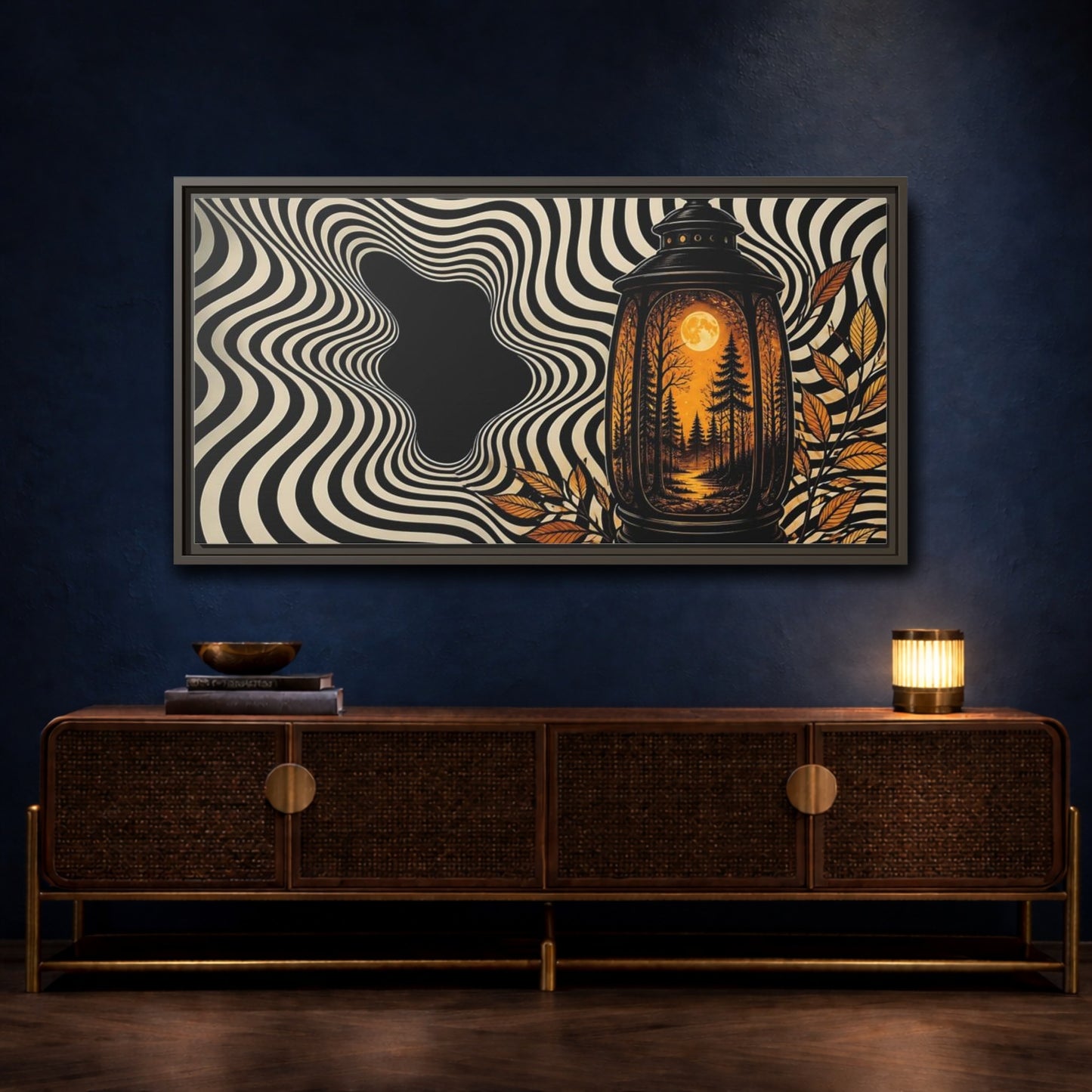 Mockup 4. Moonlit Forest Lantern shown as framed canvas print