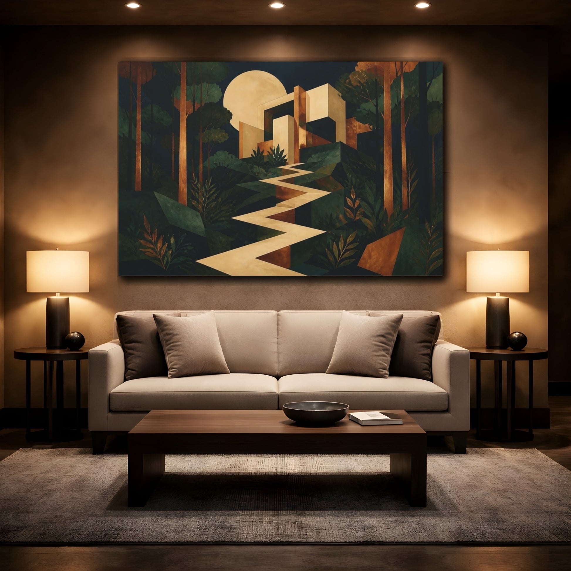 Mockup 2. Moonlit Geometric Sanctuary shown as canvas print