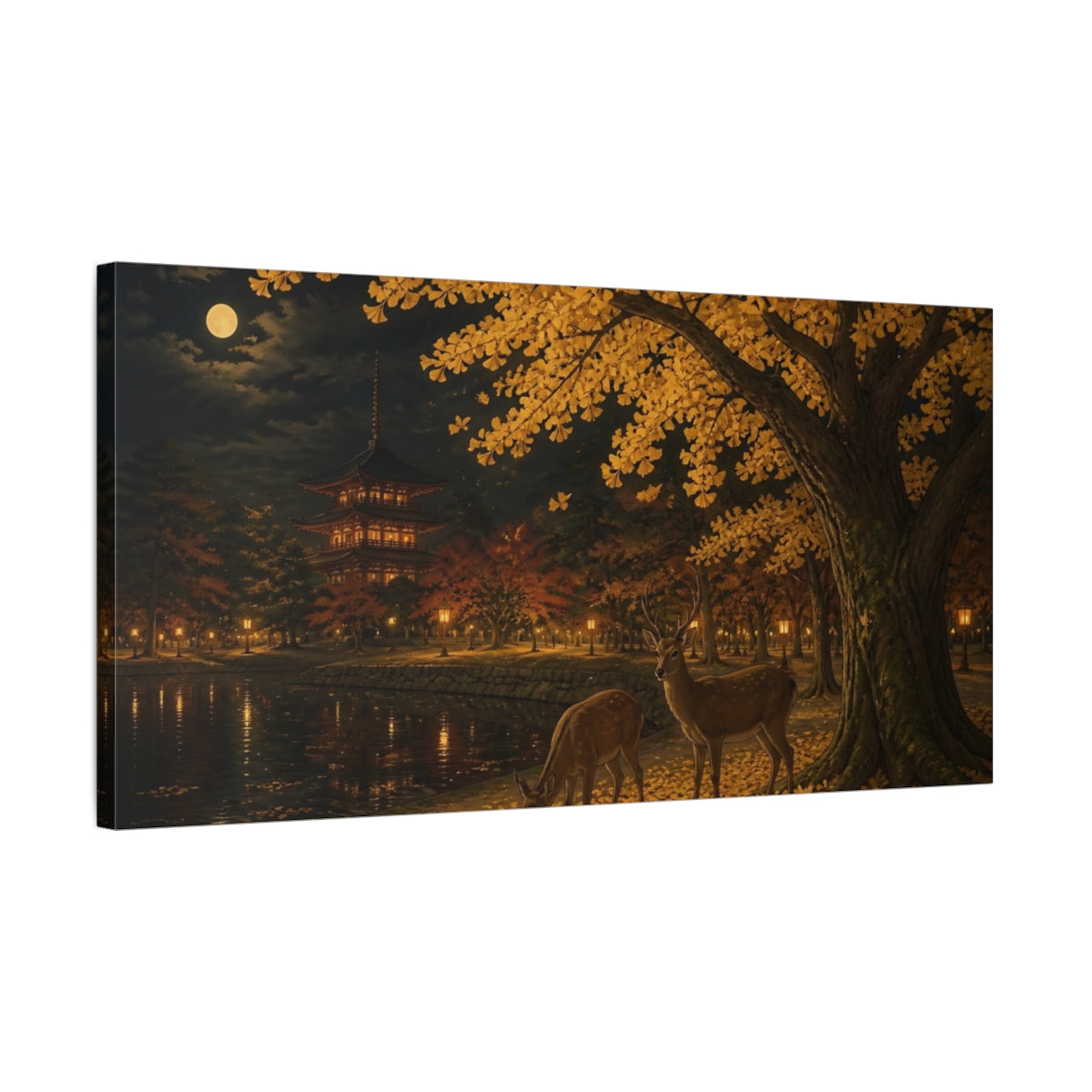 Side Mockup 1. Moonlit Ginkgo And Deer shown as canvas print