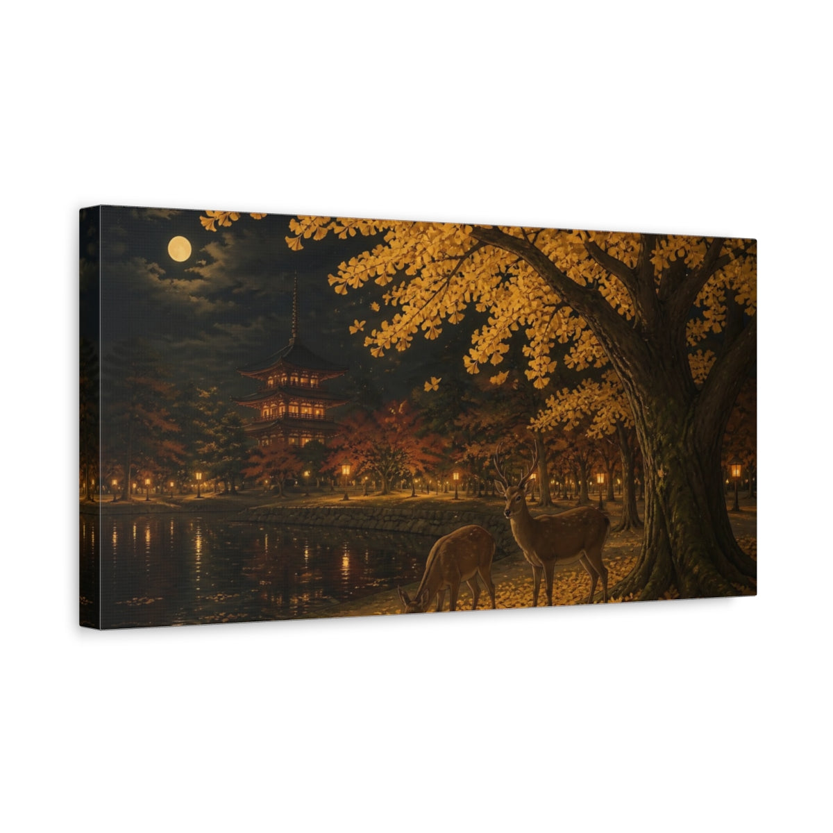 Side Mockup 3. Moonlit Ginkgo And Deer shown as canvas print