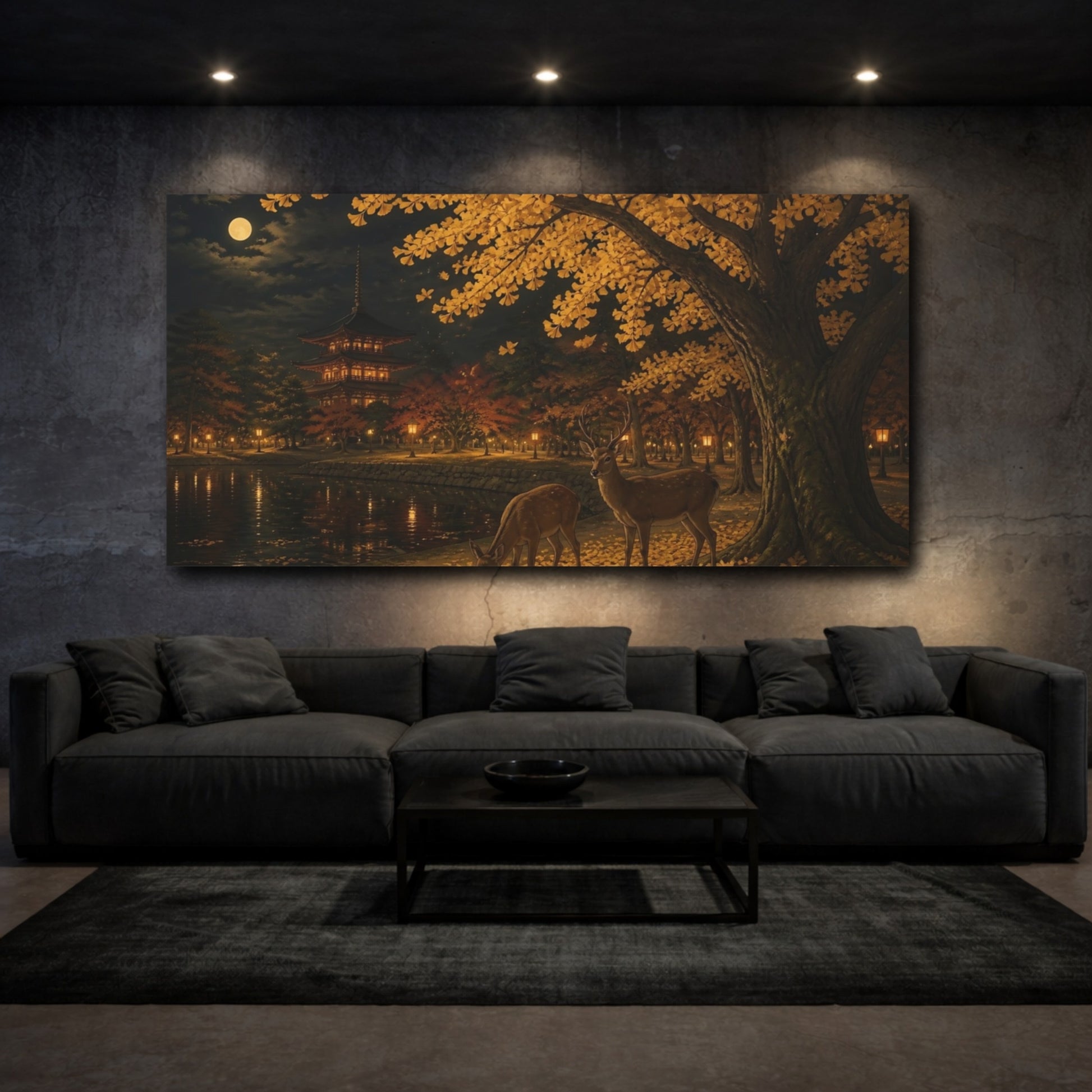 Mockup 3. Moonlit Ginkgo And Deer shown as canvas print