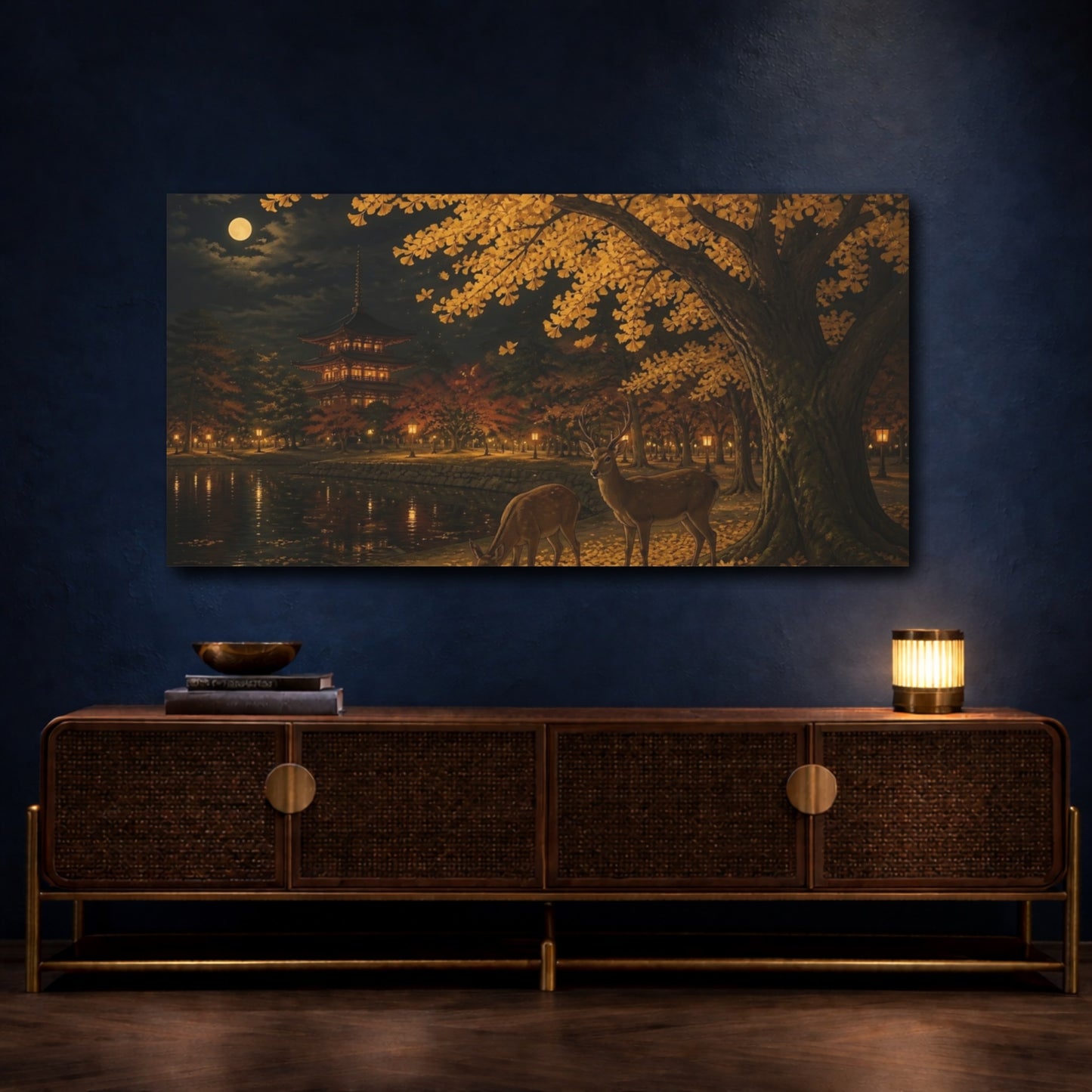 Mockup 4. Moonlit Ginkgo And Deer shown as canvas print