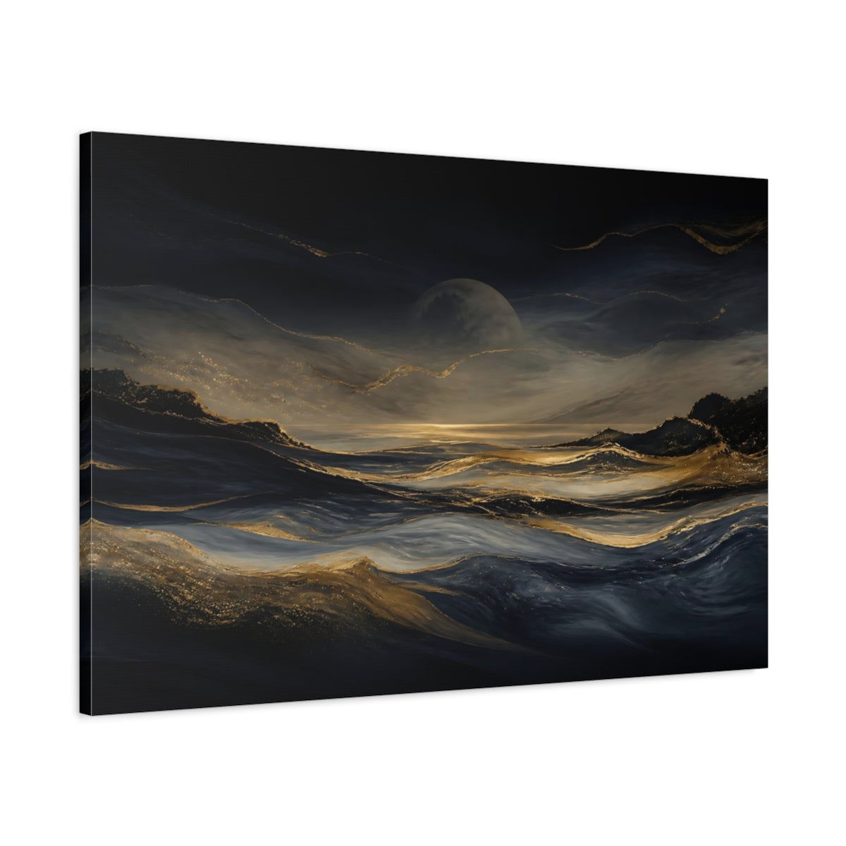 Main Mockup. Moonlit Gold Waves shown as canvas print