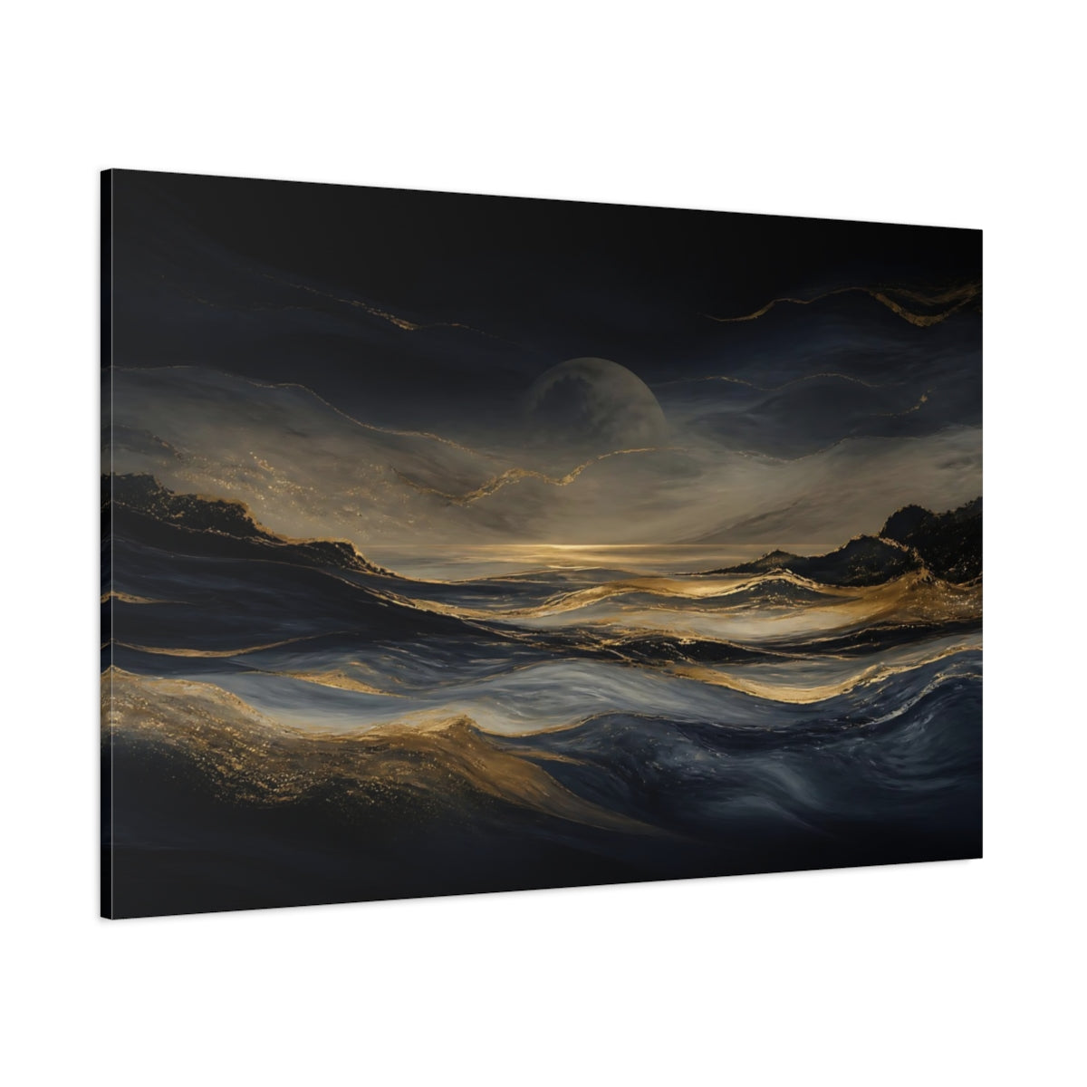 Side Mockup 1. Moonlit Gold Waves shown as canvas print