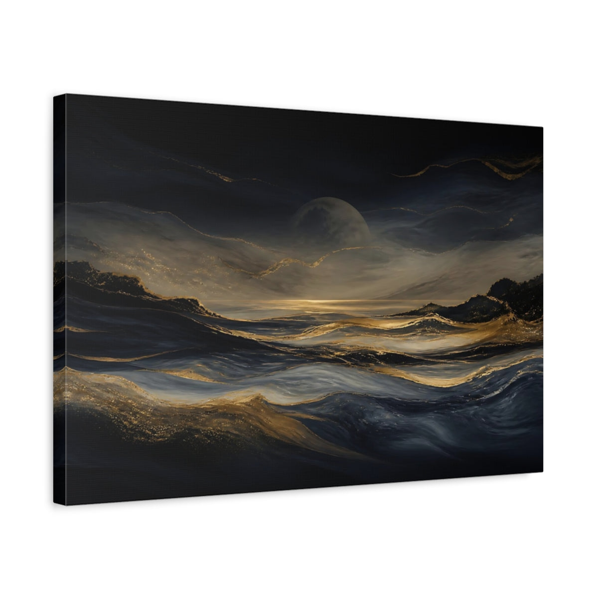 Side Mockup 3. Moonlit Gold Waves shown as canvas print