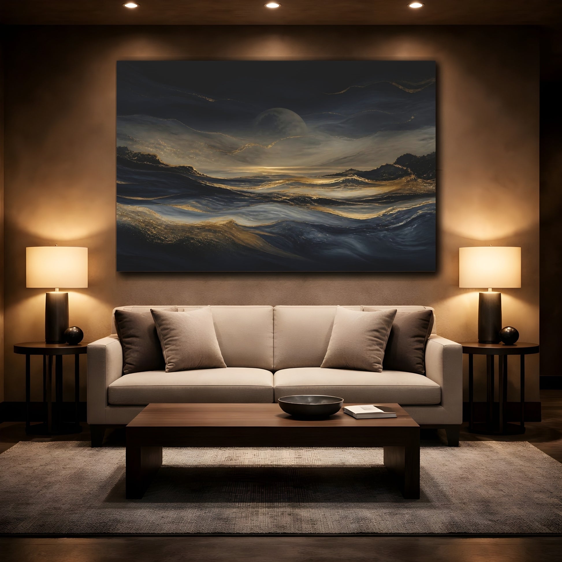 Mockup 2. Moonlit Gold Waves shown as canvas print